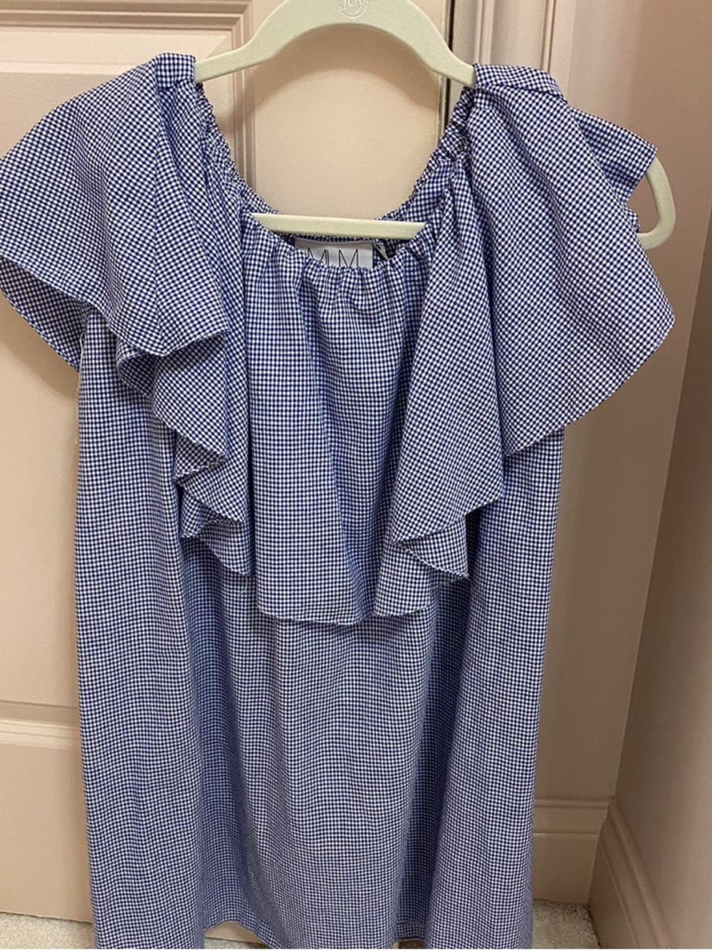 MLM Blue and White Gingham Ruffle Off Shoulder Dress Size Large